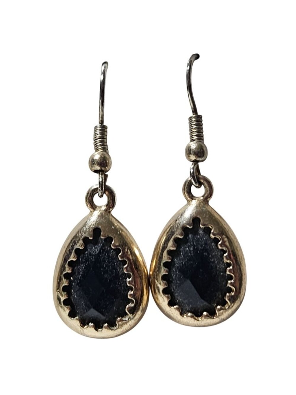 Vintage Black Gemstone Teardrop Earrings Gold Tone Classic Retro Fashion Jewelry